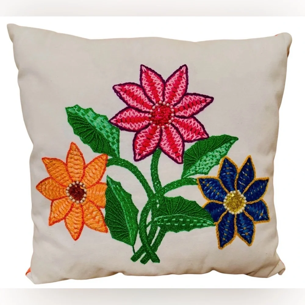 Vintage handcrafted embroidered 15inch throw pillow floral Boho cottage colorful